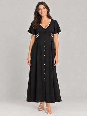 Black Contrast Trim Flutter Sleeve Maternity Maxi Dress L